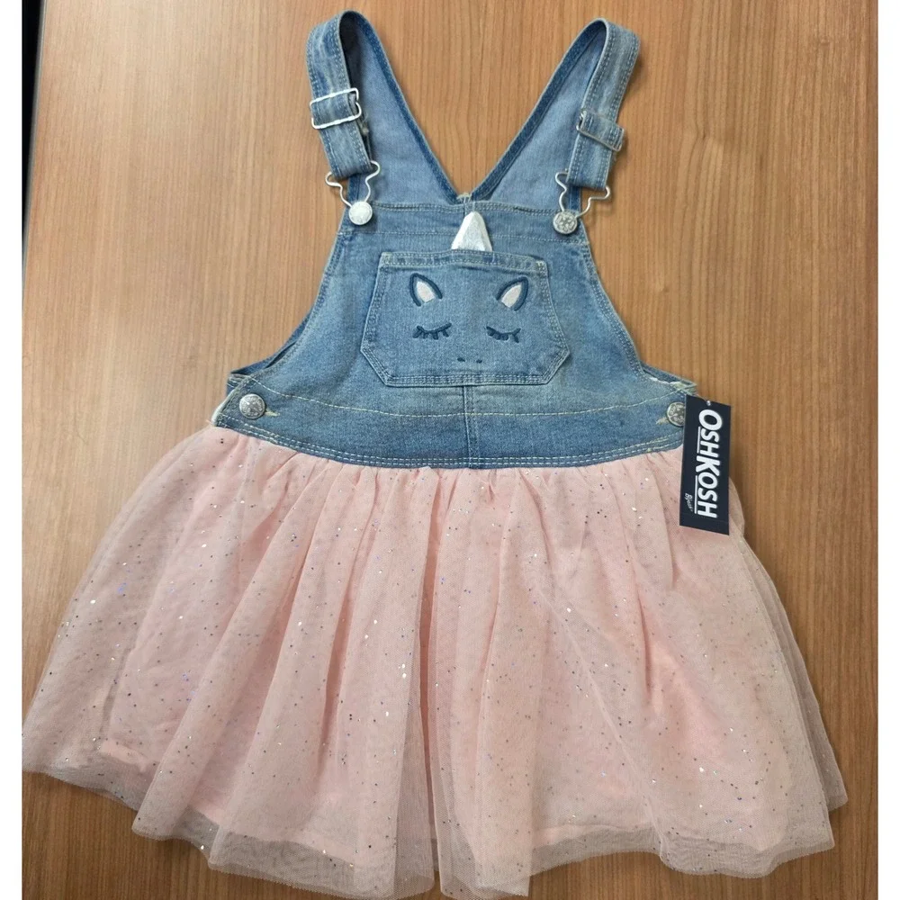 OshKosh Bgosh Girls 4T Unicorn Denim Tulle Jumper Dress Blue Pink Glitter